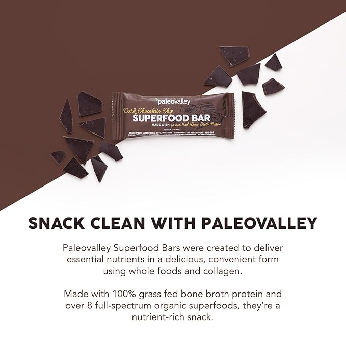 Paleovalley Superfood Bars ??Dark Chocolate Chip??10 Pack ??9g Protein per Bar ??Gluten-Free, Grain-Free, Paleo, Non-GMO ??On-the-Go Snack