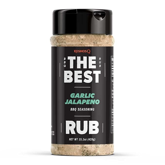 Kosmos Q The Best Garlic Jalapeno Rub, Garlic Jalapeno Pepper Seasoning & BBQ Dry Rub For Chicken, Shrimp, Wings, Salmon, Grilled Veggies & More, Bold Savory BBQ Spice Blend, 15.1 Oz Shaker Bottle