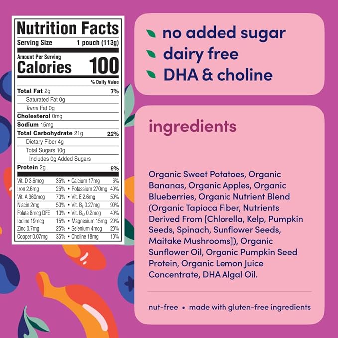 Cerebelly Organic Baby Food Pouches ??Dairy Free Smoothies for Toddlers | No Added Sugar, Fiber, Non-GMO | Toddler Smoothie Pouches | 4oz BPA-Free Baby Food | Sweet Potato Banana Blueberry | 6 Count