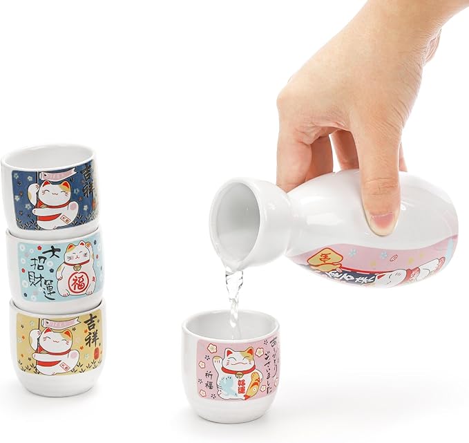 Goaste 5 Pieces Ceramic Japanese Sake Set, Durable Maneki Neko Sake Cups, Handmade Pottery Sake Glasses with 1 Bottle and 4 Cups in Cute Lucky Fortune Cat Pattern for Home Decoration, Gifting