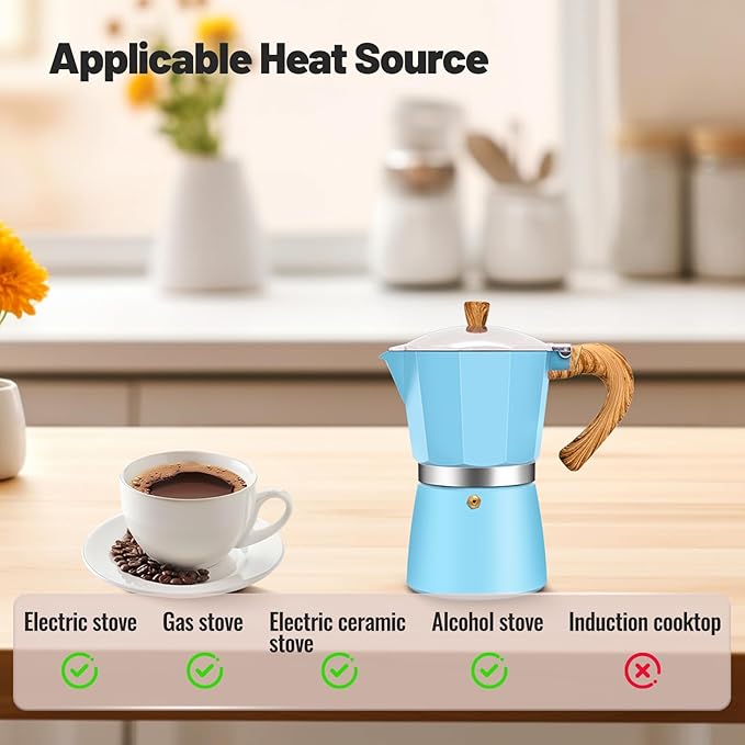 3 Cup Aluminum Moka Pot Classic Stovetop Espresso Coffee Maker 150ml 5oz Coffeemaker Percolator Mocha Pot Greca Coffee Maker Cafe Makers for Italian and Cuban Cafì±?Brewing Blue