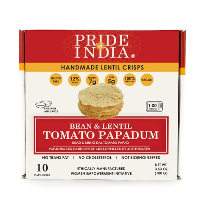 Pride Of India | Tomato Papadum, Pack of 6-10 Count Box (3.53oz - 100gm) | Protein Fiber & Iron Rich, Gluten-Free Vegan Lentil Crackers, Healthy Indian Appetizer | Microwaveable & Ready in Seconds