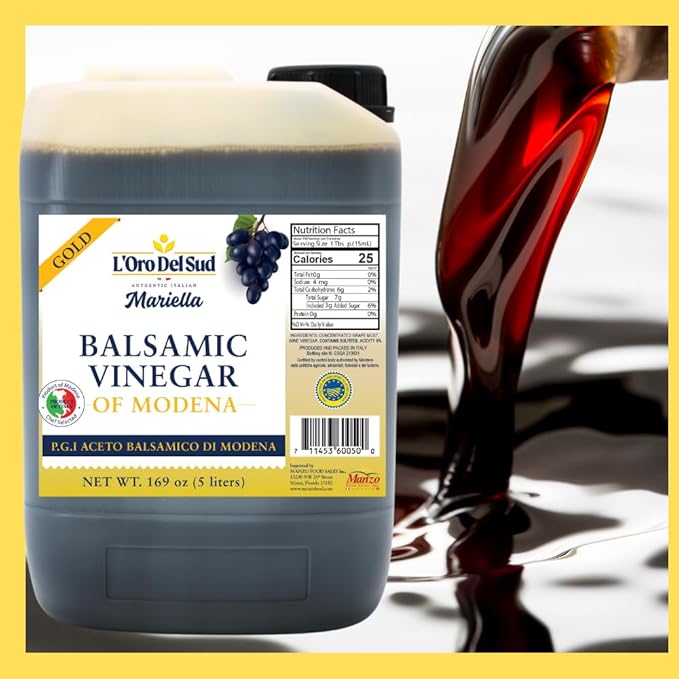 L'Oro Del Sud Ultra Premium,"Gold Label" 8 year Aged Balsamic Vinegar of Modena, IGP Certified, Mariella, Make your own Glaze, Product of Italy, Bulk Packaging Refill, New Pack, 5 Liters (169 oz)