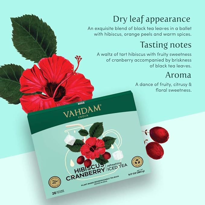 Hibiscus Cranberry Iced Tea Bags (26 Pitcher Tea Bags/52 Quarts) Zero Added Sugar | Naturally Sweet | Blended w/Hibiscus & Cranberry | Best for Mocktails & Cocktails | Biodegradable Tea Bags | VAHDAM