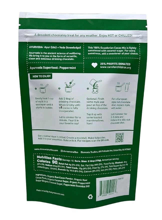 Elements Peppermint Hot Chocolate - All-Natural, Handmade Hot Chocolate Mix - Heavy Metal Tested - Fair Trade, Organic Cacao Powder - Plant Based & Ayurveda Inspired - Vegan Hot Cocoa Mix - 16 Ounce
