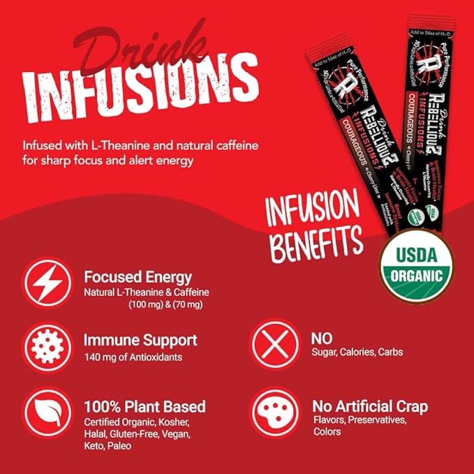 Rebellious Courageous Cherry Lime Organic Drink Mix ??Zero Calorie Energy Drink Mix | Monk Fruit & Green Tea Extract | L-Theanine + Natural Caffeine | 100% Plant-Based | Pack of 10 | Keto,Gluten-Free