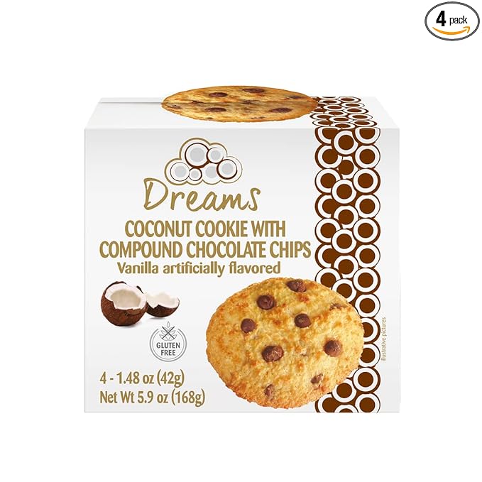 Coconut Cookie with Compound Chocolate Chips – Macaroons, Vegan Snacks, Gluten-Free, Protein and Nutrient Packed – DREAMS COCONUT – Pack of 4 (x 1.48oz/42g), 5.92oz/ 168g