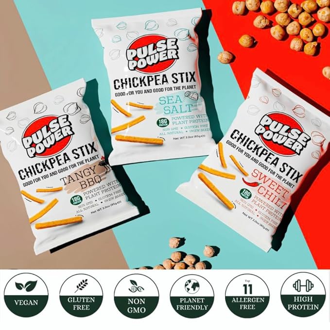 Pulse Power Chickpea Stix - Crunchy Snacks, High Protein, Gluten Free, Non-GMO, Vegan (3 pack, 3 oz) (Variety Pack)