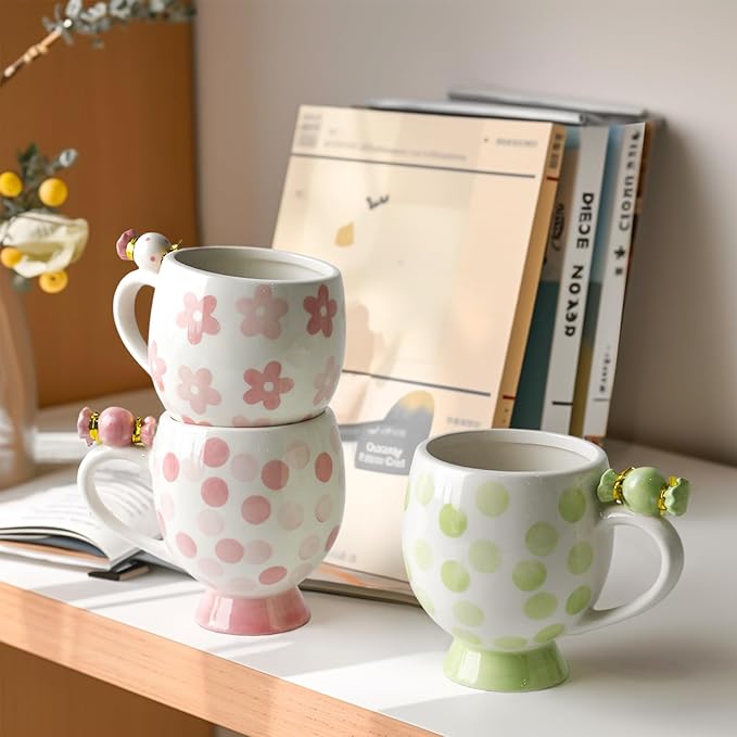 Ceramic Mug Cute Candy Shape, Unique Holiday Mug with Handle Hot Cocoa Cup Perfect for Tea & Coffee Lovers, Gifts for Family Friends or Children 12 OZ (Pink Dots)