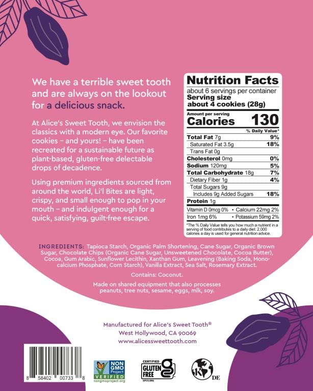 Alice's Sweet Tooth Double Chocolate Cookie Bites - Gluten-Free, Vegan, Crunchy Mini-Cookies - Plant-Based, Dairy-Free, Grain-Free, Soy-Free, Kosher ??5.5 ounces