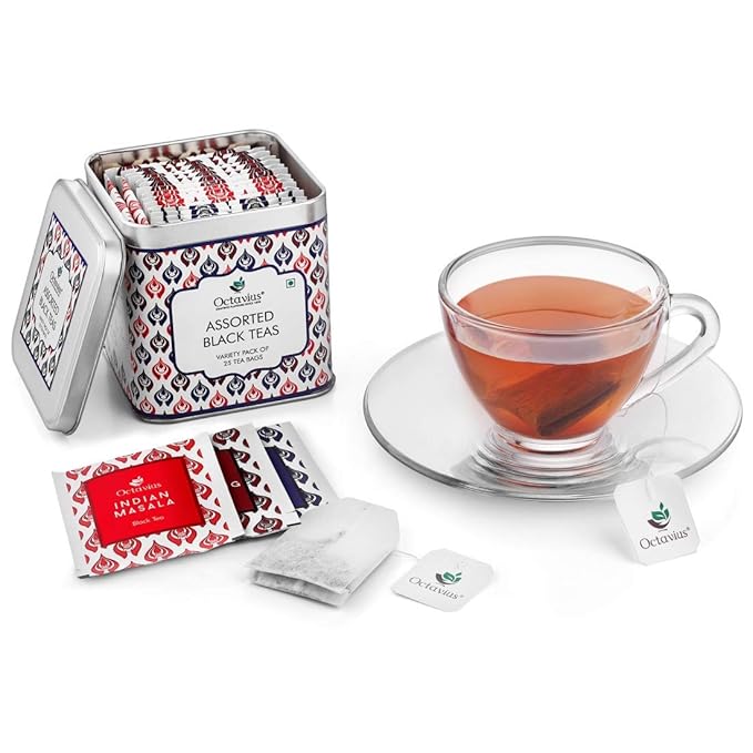 Octavius Assorted Black Tea Sampler Pack | Darjeeling/Classic Assam/Indian Masala/English Breakfast | 3 Flavors in 25 Tea Bags | Pack of 1