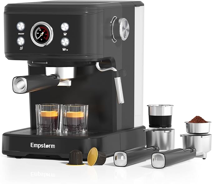 Black Espresso Machine with Milk Frother, Cappuccino Machines for Home, Coffee Espresso Machine Suitable for Coffee Powder/NS Original Capsules, Espresso Maker with Thermometer