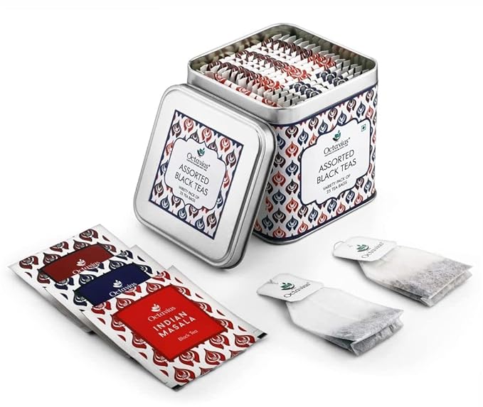 Octavius Assorted Black Tea Sampler Pack | Darjeeling/Classic Assam/Indian Masala/English Breakfast | 3 Flavors in 25 Tea Bags | Pack of 1