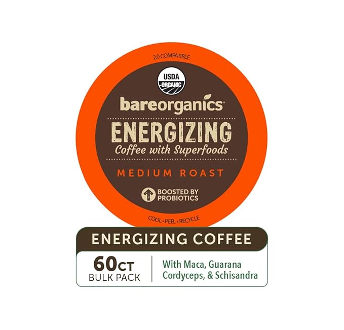 Bare Organics 14198 ENERGIZING USDA Organic Coffee Infused with Superfoods & Probiotics, Compatible Pods, Vegan, Gluten Free, 10ct (Pack of 6)