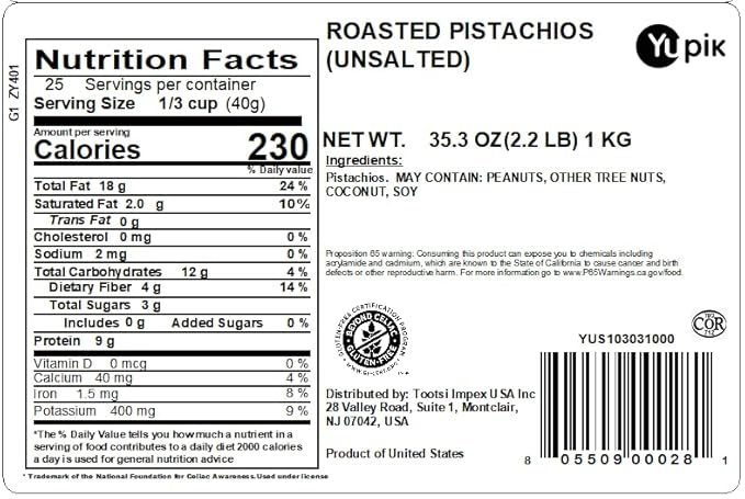 Yupik Dry Roasted Unsalted Pistachios, In Shell, 2.2 lb (35.3 oz), Gluten-Free, Kosher, Crunchy Whole Nuts With Shell, No Added Salt, Oil-Free, Source of Fiber, Protein Nuts, Healthy Snacks