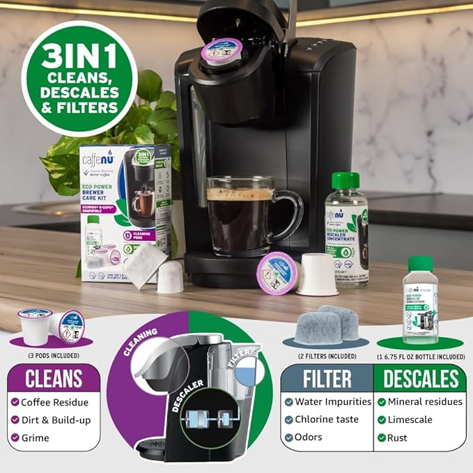 Keurig Compatible Descaling Solution Cleaner and Descaler Kit. 2 Uses Descaling Solution, 3 Cleaning Pods and 2 Filter Replacement. 3 Months Maintenance Kit. For Keurig 1.0 & 2.0