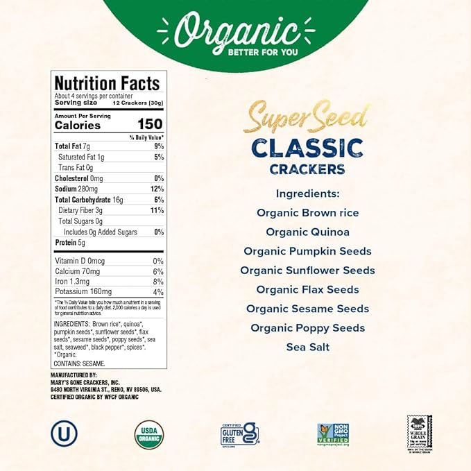 Mary's Gone Crackers Super Seed Classic Crackers, Vegan Friendly, Kosher, USDA Certified Organic, Gluten Free & Non-GMO, 4 Ounce (Pack of 6)