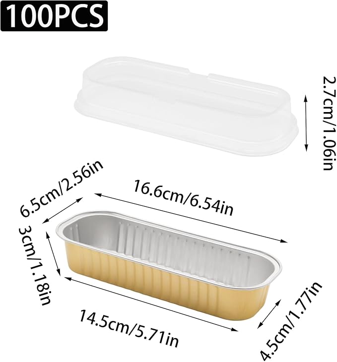 100 Pack 6.8oz Aluminum Cake Pans with Lids Rectangle Mini Loaf Pans Baking Cups Disposable Cupcake Baking Tins with 100 Pcs Plastic Spoons, Gold