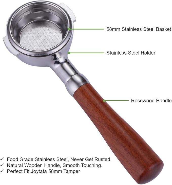 58mm Bottomless Portafilter Fits E61 Grouphead Espresso Machine Stainless Steel Naked Portafilter Along with Espresso Filter Basket Coffee Bottomless Handle-Wooden