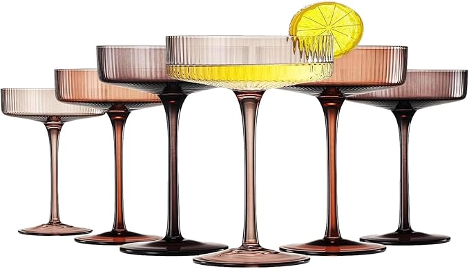 Khen Venus Colors 6 Pcs Ribbed Coupe Glasses, 10 oz Vintage Coupe Glass Set, Unique Martini Glass, Classic Cocktail Galssware, Bar Drinking Glasses Set Perfect for Cocktail, Wine, Champagne & Gift