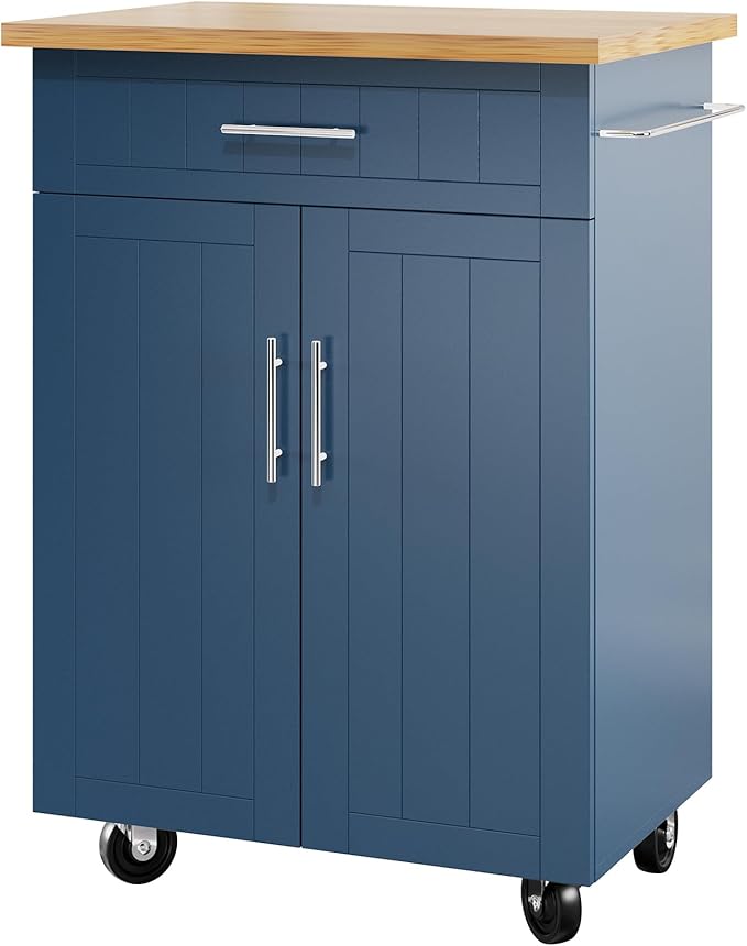 Shintenchi Kitchen Island Cart with Storage,Rolling Kitchen Island Side Table on Wheels with Large Worktop,Storage Cabinet,Towel Rack and Drawers for Kitchen,Dinning Room, Blue