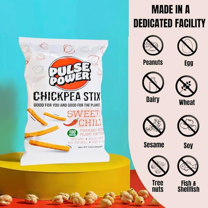 Pulse Power Chickpea Stix - Crunchy Snacks, High Protein, Gluten Free, Non-GMO, Vegan (3 pack, 3 oz) (Sweet Chili)