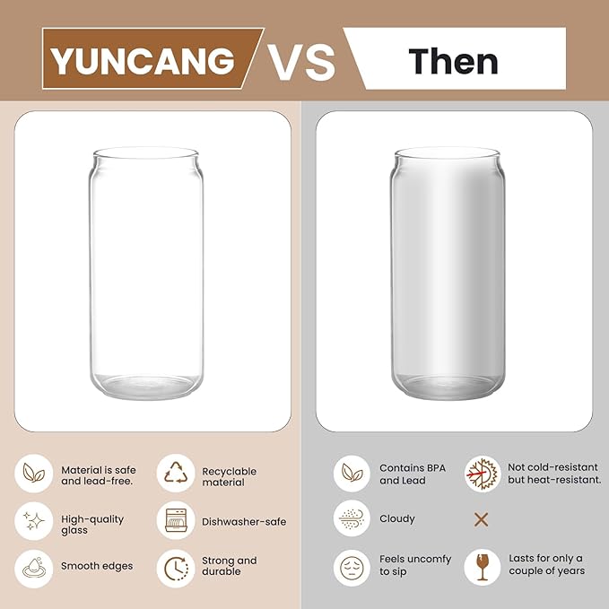 YUNCANG 6 Pack Bamboo Lid Glass Drinking Glasses with Glass Straw - 16-ounce Can Shaped Glassware for Beer, Iced Coffee, Cocktails, Whiskey, and More, Perfect for Cocktails, Whiskey, and Gifting