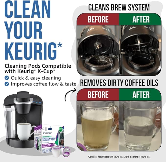 Keurig Compatible Cleaning Pods. 8 Rinse Pods Cleaner Kit. Eco Friendly, Removes Stale Coffee Residue & Stains. Keurig 1.0 & 2.0 Coffee Makers.