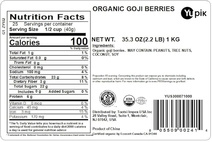 Yupik Organic Dried Goji Berries, 2.2 lb, Gluten-Free, Non-GMO, Vegan, Dried Fruits, Wolfberries, Sulphite-Free, Superfood, High in Vitamin A and C, Source of Fiber, Healthy Snacks, Ideal for Baking