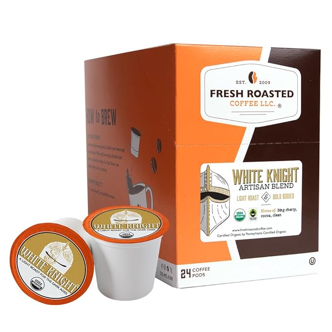 Fresh Roasted Coffee, Organic White Knight | USDA Organic, Kosher | Light Roast 24 Pods for K Cup Brewers