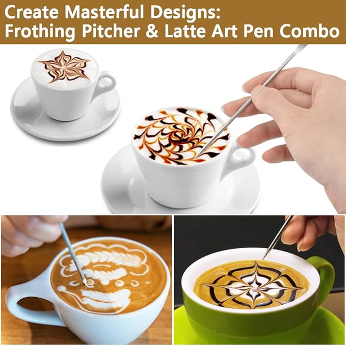 Frothing Milk Pitcher, 20 oz/600 ml Stainless Steel Frothing Milk Jug with Latte Art Pen,with Internal Measurements, for Cappuccino, Espresso and More