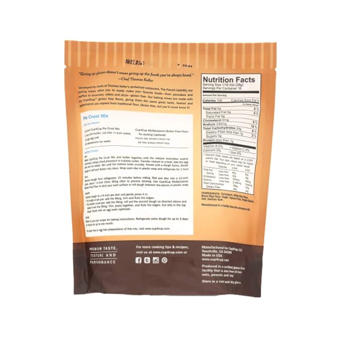 Cup4Cup Pie Crust Mix, 1 Lb, Certified Gluten Free, Non-GMO, Dairy Free, Vegan, Made in the USA