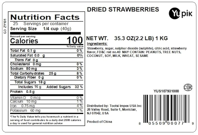 Yupik Dried Strawberries, 2.2 lb, Vegan, Kosher, Sweetened Dried Fruits, Candied Whole Strawberries, Chewy & Tender, Sweet Snacks, Fruity Topping & Inclusion, Ideal for Baking