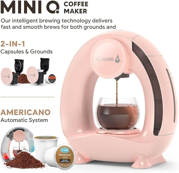 MINI Q 2-in-1 Single Serve Coffee Maker - Brew K-Cups or Ground Coffee (4-8 oz) - Compact Americano Coffee Brewer with Reusable Filter (Pink)