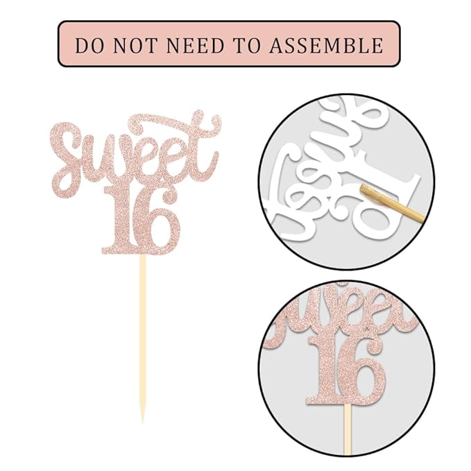 24 Pcs Sweet 16 Rose Gold Glitter Birthday Cupcake Toppers for 16th Birthday Celebrating Party Decorations (Rose gold)