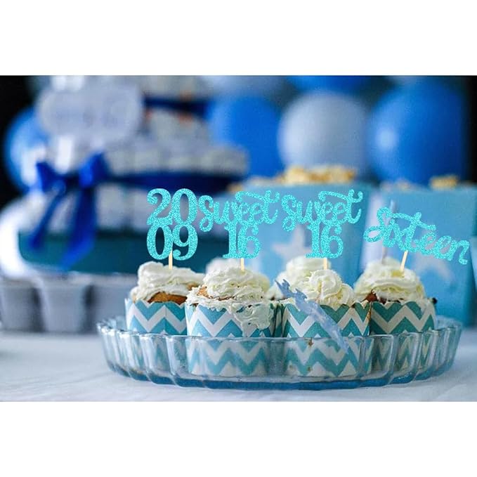 24 Pcs Sweet 16 Blue Glitter Birthday Cupcake Toppers for 16th Birthday Celebrating Party Decorations (Blue)