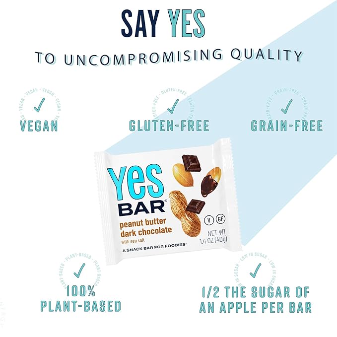 The YES Bar ??Peanut Butter Dark Chocolate ??Plant Based Protein, Decadent Snack Bar ??Vegan, Paleo, Gluten Free, Dairy Free, Low Sugar, Healthy Snack, Breakfast, Low Carb, Keto Friendly (24 Count)