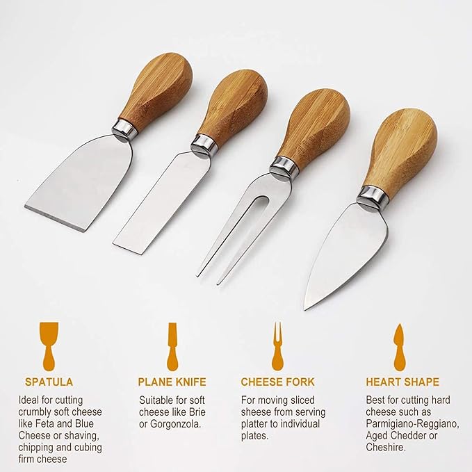 Bamboo Cheese Board Set, Cheese Tray, Charcuterie Board and Serving Meat Platter with 4 Stainless Steel Cheese Knives, Ideal for Wedding Gifts Christmas Birthday Party (14''x11'')
