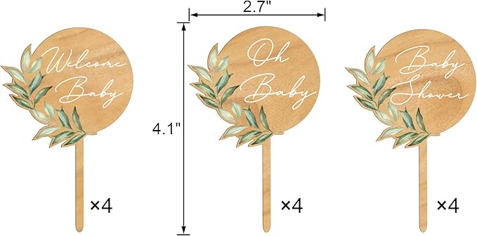 12 PCS Baby Shower Party Cupcake Toppers Oh Baby Cake Cupcake Decorations in Wood (Design B)