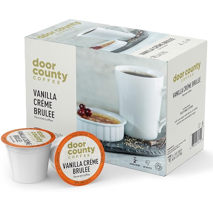 Door County Coffee - Vanilla Creme Brulee, Vanilla and Cream Flavored Ground Coffee - Medium Roast, Single Serve Cups ??10 Count