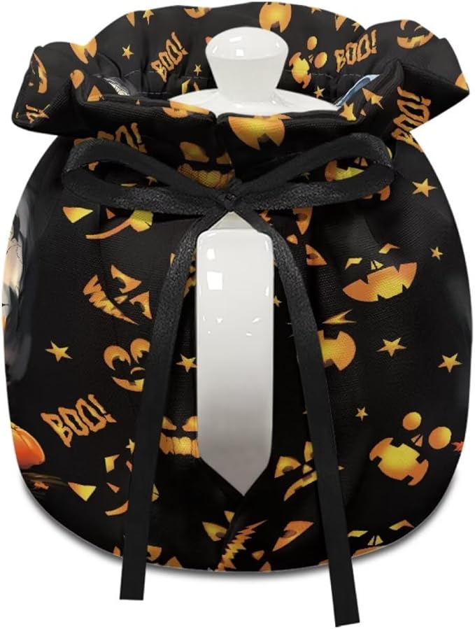 Black Cat Tea Cozy for Teapot Insulated Dust Proof Pumpkin Teapot Insulation Cover for All Hallows' Eve Home Decor Kitchen Accessory Tea Cozy with Drawstring