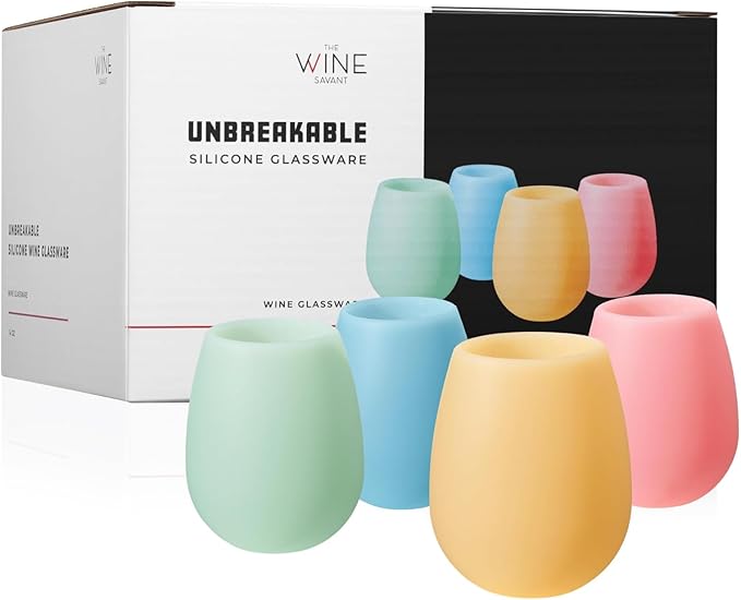 Silicone Wine Glasses – Set of 4 Pastel Colors, 12 oz – Break-Resistant, Flexible & Shatterproof Cups for Wine, Cocktails, or Outdoor Use – Reusable Stemless Glassware