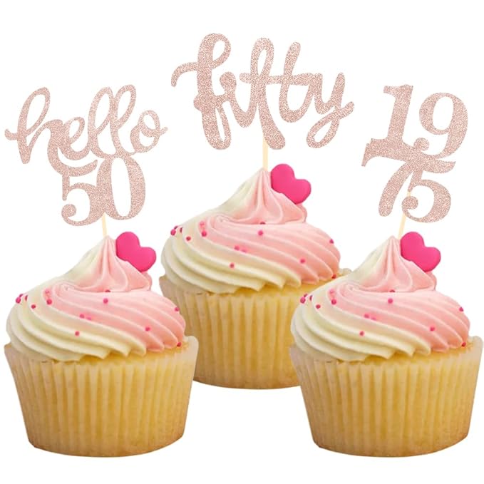 24 Pcs Rose Gold Glitter 50th Birthday Cupcake Toppers for 50th Birthday Celebrating Party Decorations