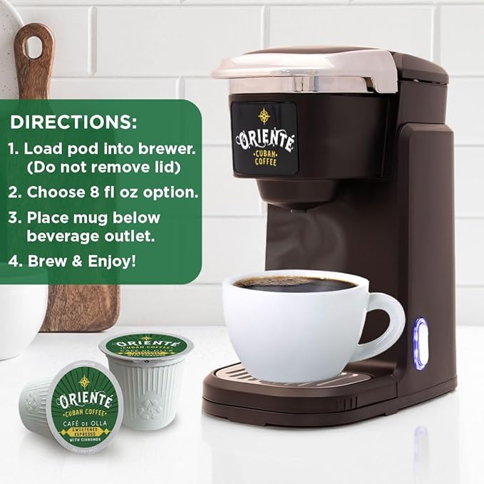 Oriente Sweetened Espresso with Cinnamon Coffee Pods, 18 ct, Dark Roast Flavored Cuban Inspired Coffee in Recyclable Single Serve Pods - 100% Arabica Beans, Compatible with Keurig K Cups Maker
