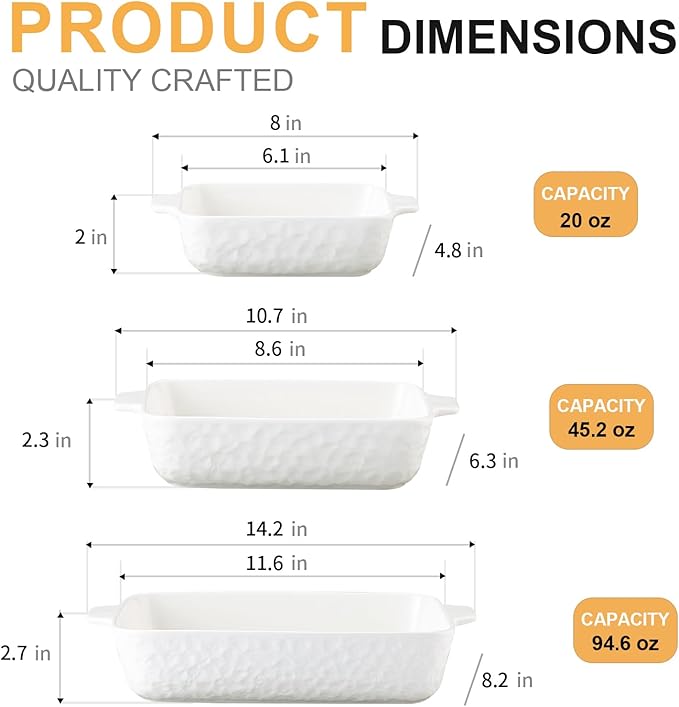 YUN TAO Casserole Plates for Oven Ceramic Baking Pan Ceramic Baking Pan Rectangular Bakeware Pan with Handle for Baking Cake Kitchen Cake Dinner Set of 3 (3 Pieces, White)