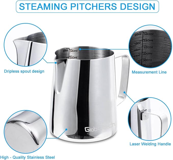 Stainless Steel Milk Frother Cup - Espresso Steaming Pitchers Coffee Foam Making Pitcher Latte Art Froth Cup Steaming Jug Cappuccino Hot Chocolate 20 Oz (600ml)