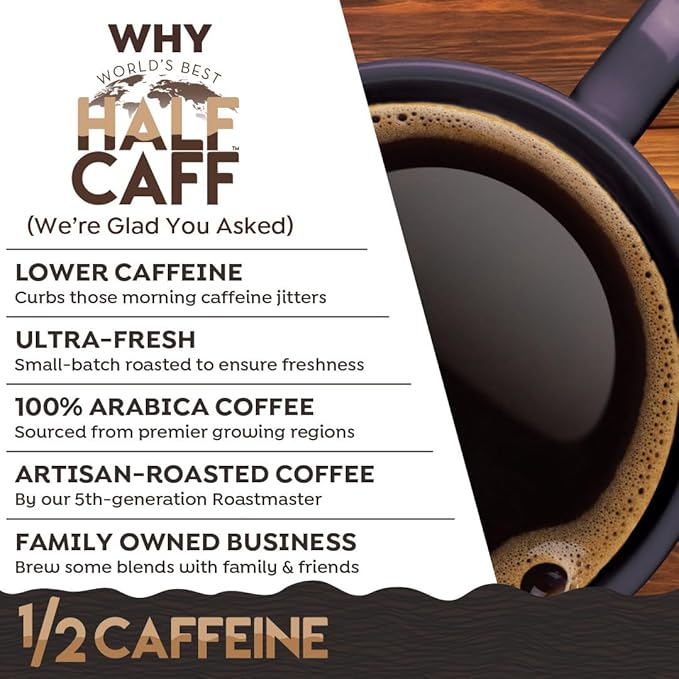 World's Best Half Caff Dark Roast Coffee Pods, 100 ct, Recyclable Single Serve Pods – 100% Arabica Coffee, Compatible with Keurig K Cups Maker