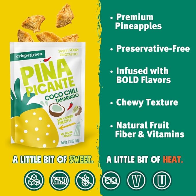 Crispy Green Pi챰a Picante, Coconut Chili Tamarindo Dried Pineapple, Healthy Real Fruit Snacks, 1.76 Ounce, 12 Single Serve Bags