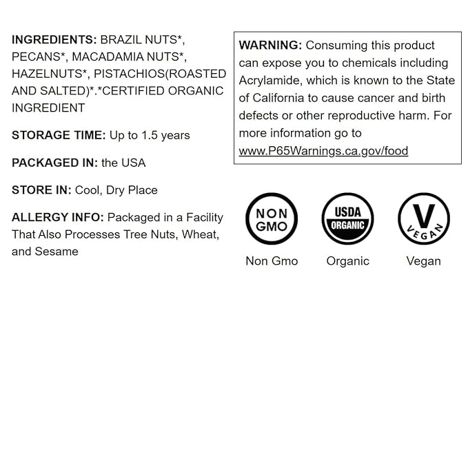 Food to Live - Organic Delicious Nuts in a Gift Box - A Variety Pack of Pecans, Hazelnuts, Brazil Nuts, Macadamia Nuts, and Roasted & Salted Pistachios