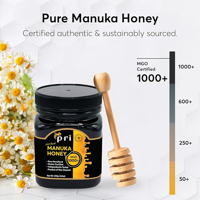 P.R.I Manuka Honey, Certified MGO 1000+, New Zealand Raw Monofloral Manuka Honey (8.8 oz / 250g)